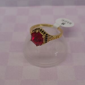 Gold-Tone Ring with Hexagonal Red Stone - Size 8